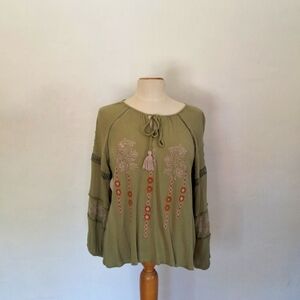 Forgotten Grace Olive Cotton Peasant Blouse